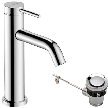 hansgrohe Tecturis S - Tvättställsblandare med lyftventil, Vattenkran badrum med utloppshöjd 105 mm, Badrumskran vattenbesparande (EcoSmart+), krom, 73310000