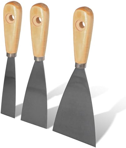 HELPMATE Malerspachtelsatz 3-teilig 30/50/80 mm – Holzgriff & flexibles Stahlblatt – Zum Verspachteln & Glätten von Oberflächen – Universalspachtel für Malerarbeiten