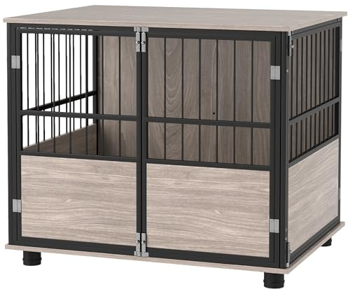 PawHut Dog Crate Furniture, Dog Cage End Table Indoor with 3 Doors, Furniture Style Dog Crate with Soft Washable Cushion, for Medium Dogs, 80L x 60W x 68Hcm