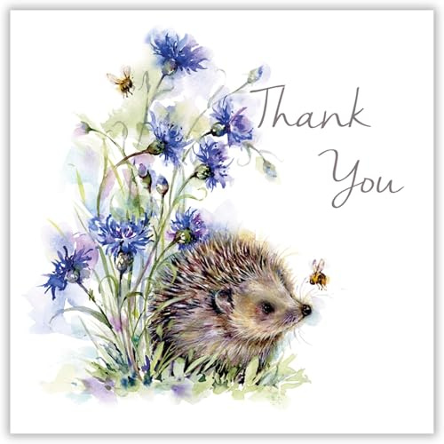 Noel Tatt Thank You Cards Pack of 6 Hedgehog and Bee in Wildflowers Artistic Floral Design - Eco-Friendly Cards Multipack with Envelopes