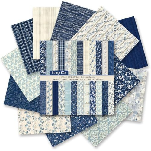 24 Sheet Scrapbook Paper, 12x12 Inch Double Sided Paper, Vintage Blue | Floral Pastoral Design, 24 Patterns, 160gsm Paper, for Scrapbooking, Junk Journaling, Card Making, Paper Craft Supplies