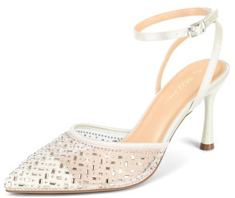 PIZZ ANNU Damen High Heels Strasssteine Knöchelriemen Hohe Schuhe Damen mit Stiletto Absatz Spitze Zehen, perfekt für Party Hochzeit Weiß EU 40