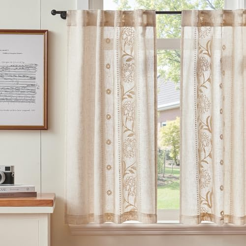 TOPICK Lot de 2 rideaux brise-bise blancs sur brut, avec passants cachés, courts, en lin brodé, pour salon, chambre à coucher, translucide, style maison de campagne, 65 x 90 cm (l x H)