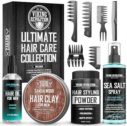 Viking Revolution Ultimate Hair Care Collection - Styling Hair Kit Includes Sea Salt Spray (8.8fl oz), Texture Powder (1oz), HairClay (2 oz), Comb Set (6 Pieces) and Oil (1.7fl oz) - Men Gifts