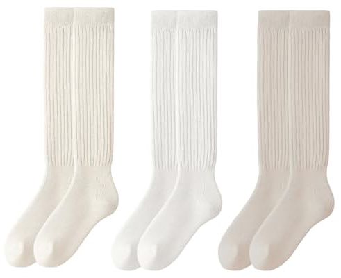 KxrTpx Socks for Women, Knee High Socks 3 Pairs, Comfortable Long Socks for Boots, Casual Wear, Cosplay, Winter Warmth, White, Cream, Beige