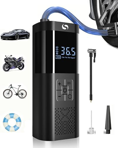 SERVOMASTER Compressore Aria Portatile, Gonfiatore Elettrico Portatile 150PSI, Compressore Auto con Funzione di Arresto Automatico, Display Digitale e Luce LED, per Auto, Moto, Biciclette, Palloni