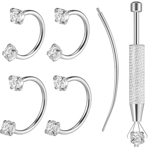 Josojoou 18G Horseshoe Nose Ring 8mm 10mm Surgical Steel Double Gem Nose Ring Hoop Flat Back Helix Cartilage Lip Piercing Jewelry with Internal Threaded Piercing Taper and Bar Grabber Tool
