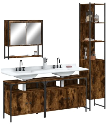 Ordellia Ensemble de Meubles Salle de Bain 4 pcs chêne fumé Bois d ingéniérie, Armoire à Miroir Mural, colonnes et Double Vasque, Rangement spacieux et