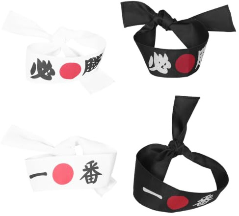 Uonlytech 4 Pièces Bandeau Ninja, Bandeau de Style Japonerie, Polyester, Noir et Blanc, pour Entraînement de Taekwondo et Travail Cuisine, pour Hommes