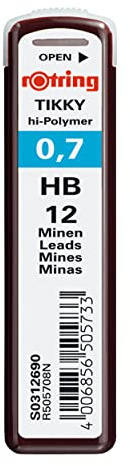 rOtring Tikky Mechanical Pencil Replacement Leads, HB, 0.7 mm, 12/Pk | Break-resistant 0.7 mm hi-polymer leads — balanced HB lead for everyday writing, drawing and note-taking