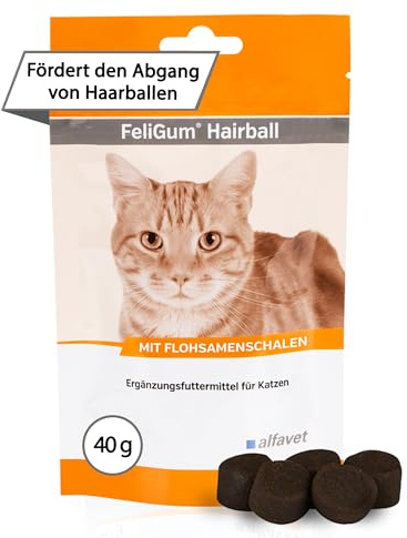 Alfavet FeliGum Hairball Kaudrops zur Unterstützung der Ausscheidung verschluckter Haarballen, Ergänzungsfuttermittel für Katzen, 40g Beutel