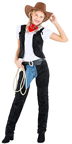 dressforfun tectake Frauenkostüm Cowgirl | Stretch- Shirt + Weste + Chap und Halstuch | Cowboy Sheriff Faschingskostüm (XL | Nr. 300562)