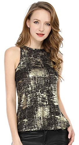Allegra K Mujer Camiseta sin Mangas con Chaleco Brillante Metálico sin Mangas para Fiesta y Club Negro L