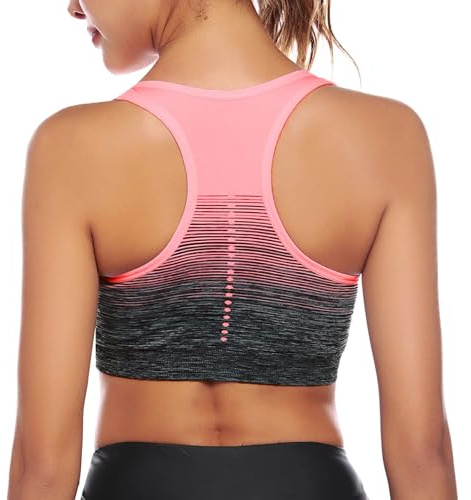 Sykooria Women's Sports Bra Mid Support Wirefree Racerback Workout Bra Removable Padding Yoga Gym Running Crop Top(Pink,XL)