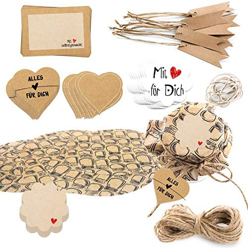 Logbuch-Verlag großes Deko Set 81-tlg. für Einmachgläser & Selbstgemachtes - vintage Gläserdeckchen + Aufkleber + Kraftpapier-Anhänger