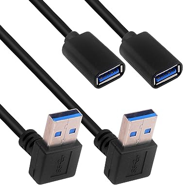 BRIEFCEC Cable Alargador USB 3.0 Alta Velocidad Macho a Hembra Extension Cable USB de 90 Ángulo Adaptador Conector USB Macho a USB Hembra(Ángulo Abajo, Negro, 30cm, 2Pack)