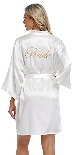 PENGEE Robe de mariée courte en satin avec strass pour femme, White Bride, taille unique