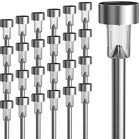 GIGALUMI - Paquete de 24 luces solares para caminos, de acero inoxidable, impermeables, con encendido y apagado automático, para exteriores, luces LED solares para paisajes, para jardín, patio