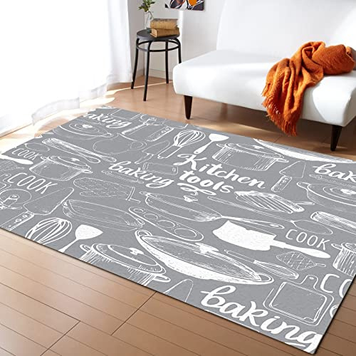 Alfombra De Dormitorio Bosquejo Blanco Utensilios Cocina Vintage Gris Premium Alfombra De Piso Atrapar Suciedad,Lavable Felpudo para Terraza Interior Exterior 120X160Cm