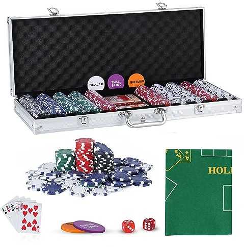 JUNGLE STONE Texas Holdem Poker Set, 500 Piece Set in Aluminium Case with 11.5g Heavyweight Chips, 1 double-sided reversible Flet Mat, 2 Decks Playing Cards, 5 Dice, Dealer, Big Small Blind Button