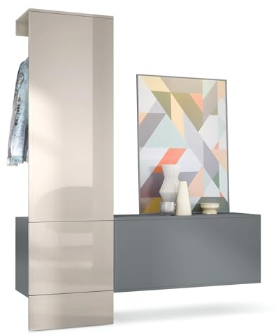 Vladon Carlton Hallway Set 4, Hallway Storage Set with 1 Coat Rack Panel, 1 Cabinet, anthracite matt/sand grey high gloss (156,5 x 193 x 35 cm)