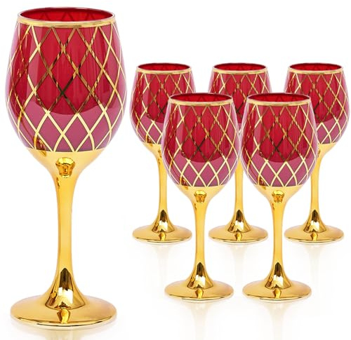 CretFine Red and Gold Wine Glasses Set of 6, Colored Stemmed and Rimmed Decorative Fancy Drinking Glass, for Gifts, Wedding, Thanksgiving, Birthday, Christmas Goblets Glassware Drinkware, 12oz