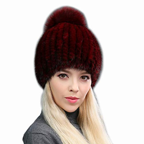 XUYUZUAU Cappelli Invernali da Donne Ragazze Vera Pelliccia di Visone Cappello Berretto in Maglia con Pompon Elastico Caldo