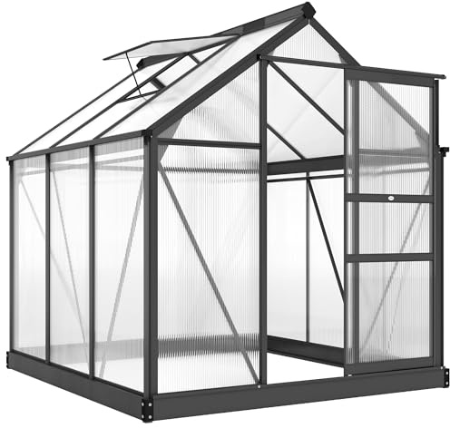Outsunny Serra da Giardino in Policarbonato con Telaio in Lega di Alluminio 3.65㎡, Serra per Orto con Grondaie, Finestra a Tetto per Ventilazione, Porta Scorrevole, per Piante, 190x192x201cm, Grigio