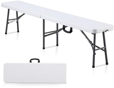 KAIHAOWIN Klappbank aus Kunststoff, 1,8 m, mit Tragegriff, für drinnen und draußen, tragbar, für Picknick, Camping, Essen, Party, Weiß