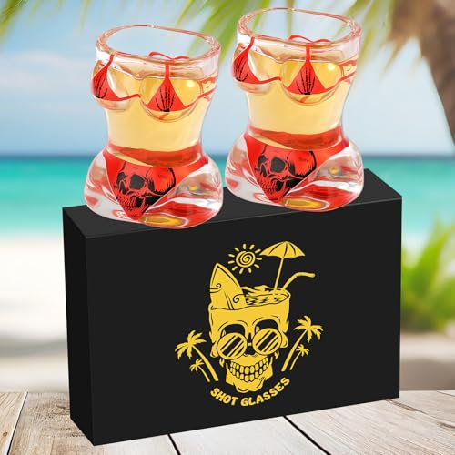 Bikini Lot de 2 Verres à Shot en Verre avec Motif Tête de Mort Logo, 30 ml, Verres à Shot à Base Lourde pour Whisky, Vodka, Brandy, Tequila, Durables et Réutilisables pour La Maison, Les Bars et Fête