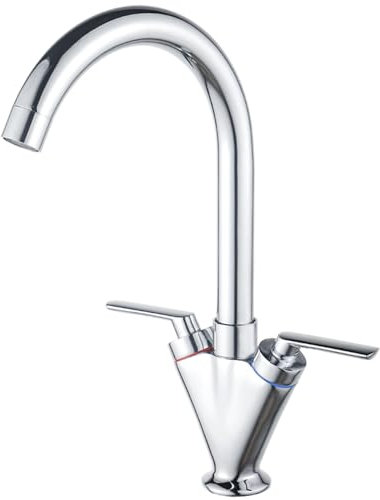 Eovem Kitchen Tap, Dual Lever Sink Mixer Tap, Monobloc Swan Neck Kitchen Sink Tap Chrome Swivel Kitchen Faucet