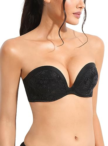 YANDW Push Up Reggiseno Senza Spalline Pizzo Floreale Imbottito Add 2 Ciotole Multiway con Spalline Trasparenti Ferretto Reggiseno Senza Spalline, Nero , 3B