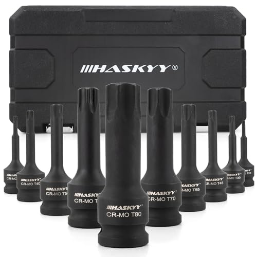 HASKYY Schlagschrauber Nüsse Satz 1/2 Zoll T20-T80 Torx Steckschlüssel Bits Set 10 tlg. Torx Stecknüsse Set - KFZ, Motorinstandseztung, Bremsenwartung & Getriebereparatur Werkzeug