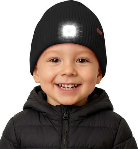 ATNKE Enfants LED Bonnet Lampe Frontale Polaire Doublé, USB Rechargeable 4 LED Course Chapeau Lumière Mains Libres Headlamp Hiver Chaud Tricot Bonnet Cadeaux pour Garçons et Filles/Black