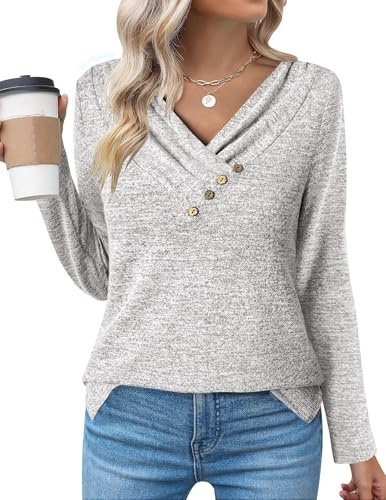 Zeagoo Chemisier Femme Manche Longue Tee Shirt col en V Tunique Pull Chic Et Elegant Haut Décontracté Tshirt Gris XXL