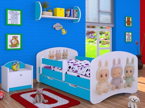 Happy Babies Cama infantil con protección anticaídas, 140 x 70 cm, para habitación infantil, con cajón y colchón, cama individual para niños, blanco/azul Sweet BUBU (N.4)