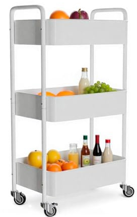Amig - Carrito de Cocina de 3 Niveles con Ruedas Mod. Linn – Estantería Auxiliar de Acero - Blanco – Carro Multiusos para Cocina, Baño u Oficina - 40,5 x 28 x 76 cm