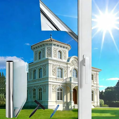 Fensterfolie per Protezione Solare (100X400cm Argento) Protezione dal Calore per Interni o Esterni | Pellicola a Specchio Senza Residui per Protezione Solare | Pellicola Autoadesiva UV per Finestre |