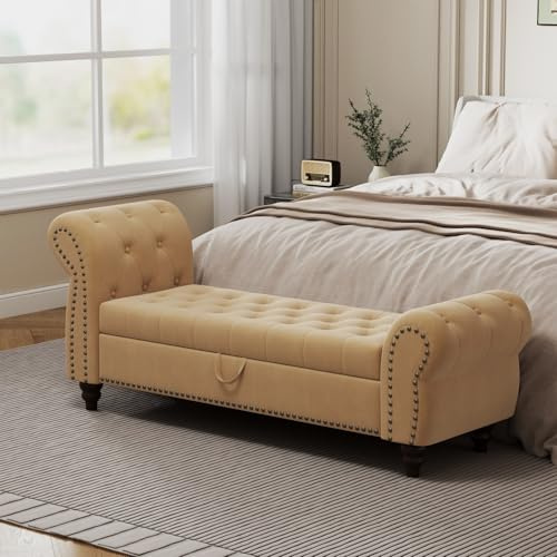 64.5 End of Bed Bench,Long Tufted Velvet Ottoman with Storage,Upholstered Chaise of Lounge with Solid Wood Legs and Armrest for Entryway,King Size (Khaki)