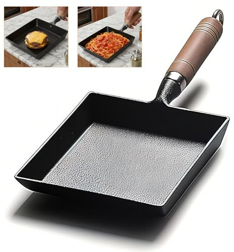 OUKENS Japanese Cast Iron Tamagoyaki Pan Nonstick, Multifunctional Square Japanese Egg Pan, Detachable Wood Handle, Oven Safe, for Omelets, Steak & Camping,6.1 x 7.3 Inch
