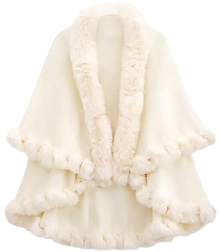 XiinxiGo Mujer Estola de Pelo Chal de Piel Sintética de Conejo Capa de Abrigo Punto Poncho Cardigan Suave Elegante y Cálido para Boda Fiesta Invierno,Blanco
