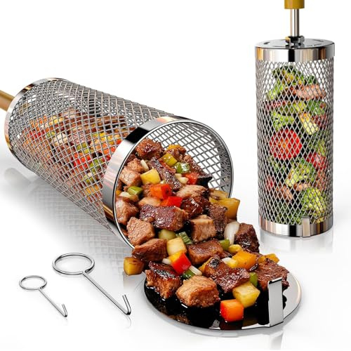 OuryTech Grilltillbehör, 2 st rostfritt stål grillkorg med avtagbar trähandtag, BBQ-redskap för grönsaker och räkor, utomhuskök och campingtillbehör, present för män och grillentusiaster
