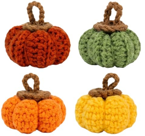 Efuwfugc Autumn Decorations, 4-Piece Knitted Pumpkin Set for Thanksgiving Table Decor, Handmade Fall Decor with Orange Yellow Red Green Pumpkins, Seasonal Home Accents