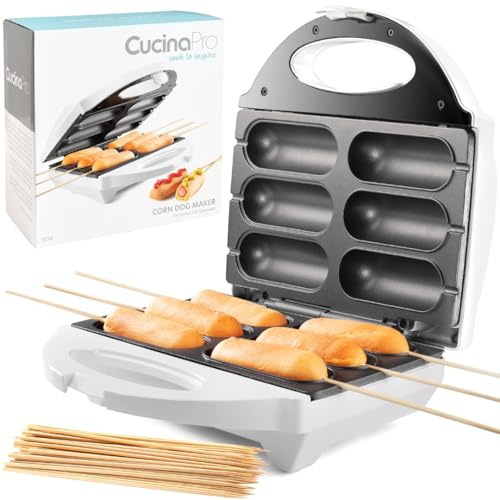 Corn Dog Maker- Perfect Hot Dogs on a Stick, Mozzarella Cheese Sticks, Cake Pops w 50 Skewers & Recipes, Easy to Use Electric Nonstick Food Baker For Parties, Fryer Machine for 6 Mini Appetizer Treats