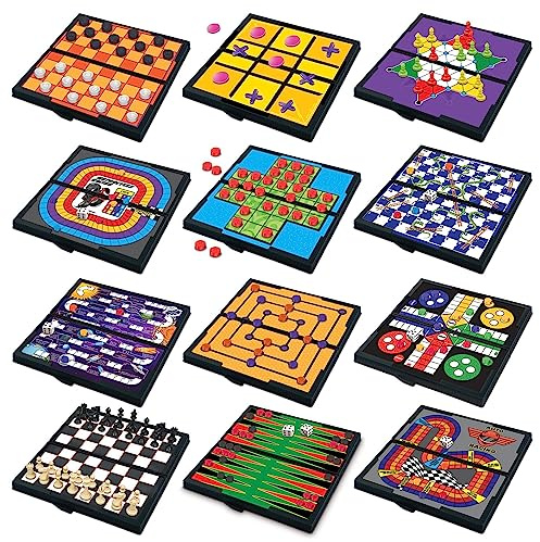 Gamie Magnetic Board Travel Games for Kids, Includes 12 Retro Fun Games - 5 Compact Design, Individually Boxed Travel Essentials for Kids Road Trip/Airplane/Camping, Stocking Stuffers for All Ages