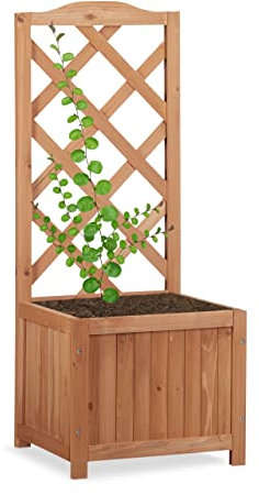 Relaxdays Fioriera con grigliato in legno da giardino vaso per piante rampicanti 20 L con griglia 90 cm resistente beige