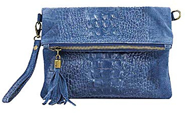 OBC Made in Italy Damen echt Leder Clutch Tasche Kroko Wildleder Handtasche Umhängetasche Ledertasche Schultertasche Fransen Cross-Over Jeansblau