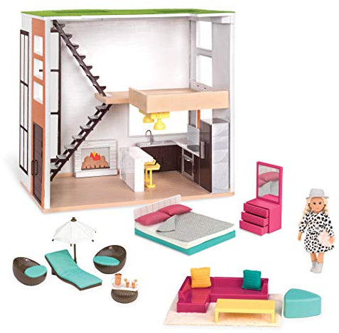Lori LO37071Z Mini Ensemble Tendance - Maison Meublée : Séjour, Cuisine, Chambre, Patio Extérieur avec Accessoires - Compatible avec Presque Toutes les Poupées Lori de 15,24 cm - Dès 3 ans