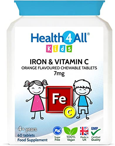 Health4All Kids Iron 60 Chewable Tablets 2 Months Supply, Vegan Sugar-Free Iron Supplement for Children 4+ Supports Learning, Growth & Immune System, Natural Orange Flavour, Made in UK (not Gummies)