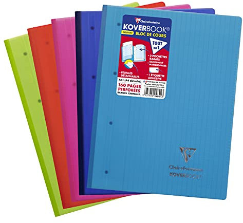 Clairefontaine 4841C Un Bloc de Cours Koverbook Agrafé Grand Côté - A4+ 22,3x29,6 cm - 160 Pages Détachables Grands Carreaux Perforées 4 Trous - Papier Blanc 90g - Couverture Polypro Couleur Aléatoire